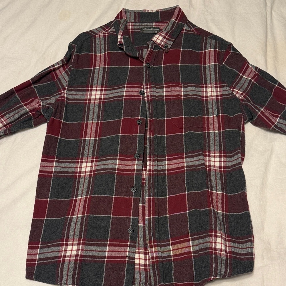 Eddie Bauer Men's Red and Gray Plaid Button Down Shirt